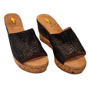 Volatile Black Raffia and Cork Wedge Sandals